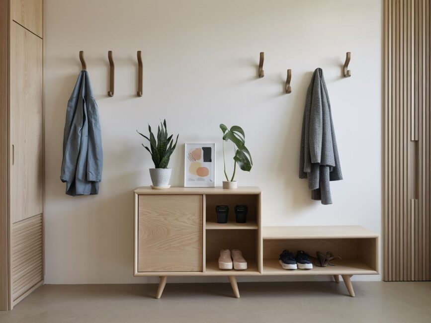 Meble do przedpokoju w jasnym drewnie